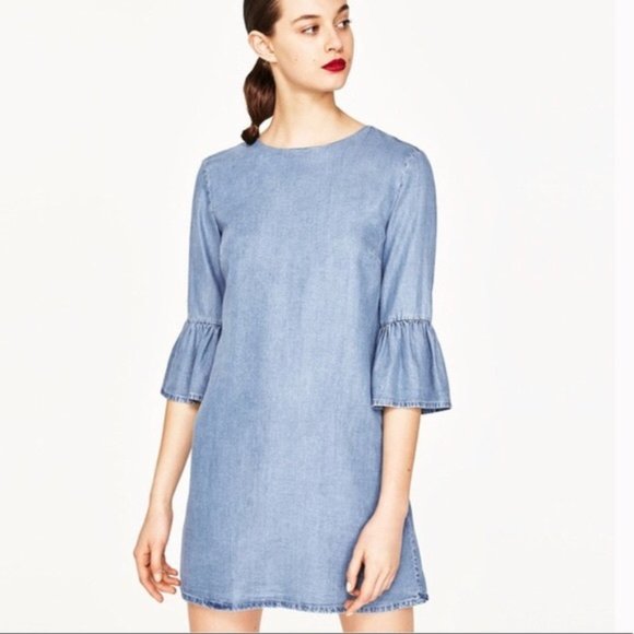 Zara Soft Denim Mini Dress, Trumpet Sleeve - Picture 1 of 2